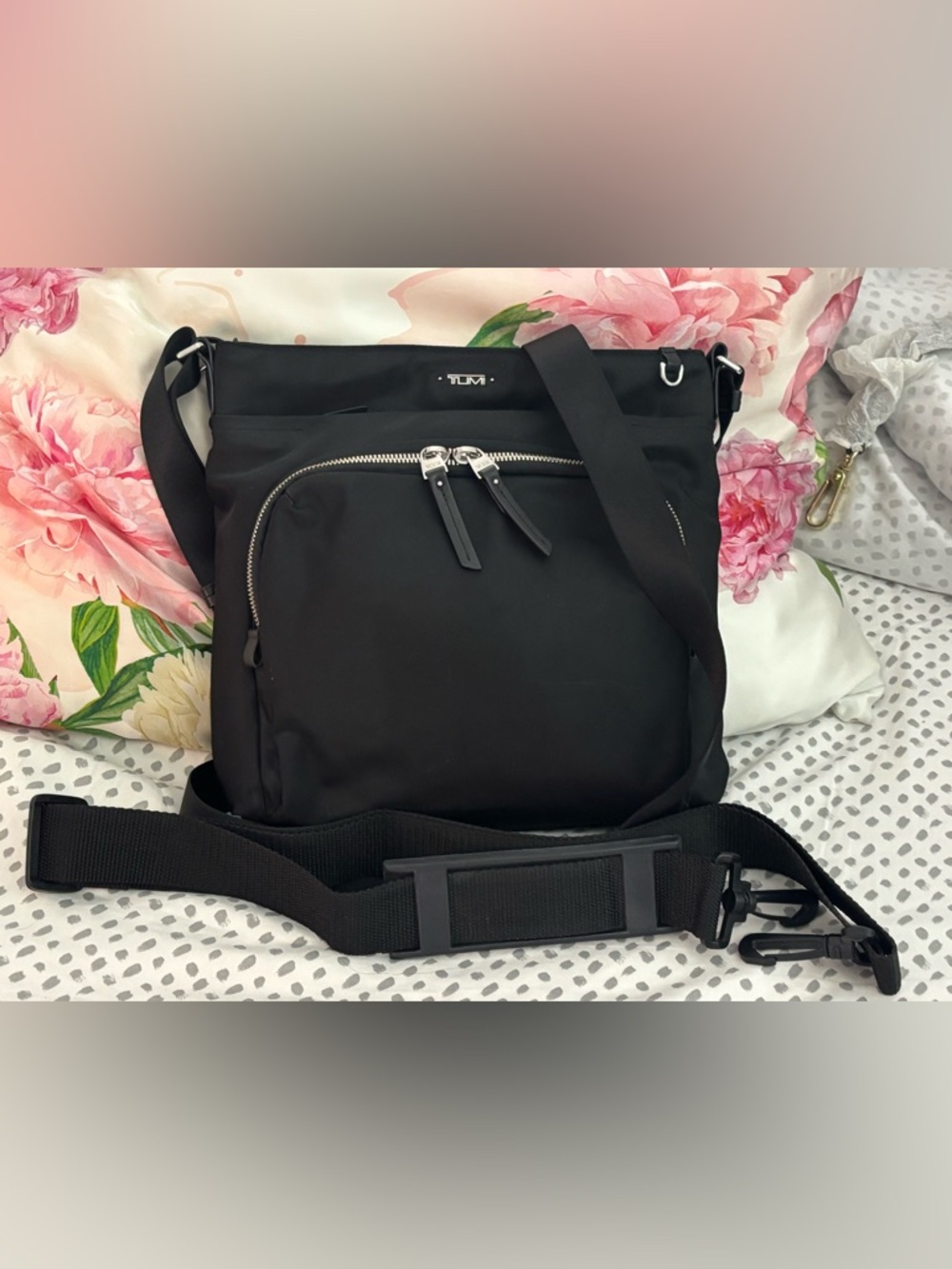 Tumi Black Nylon Crossbody Organizer with Front Zip Pocket
